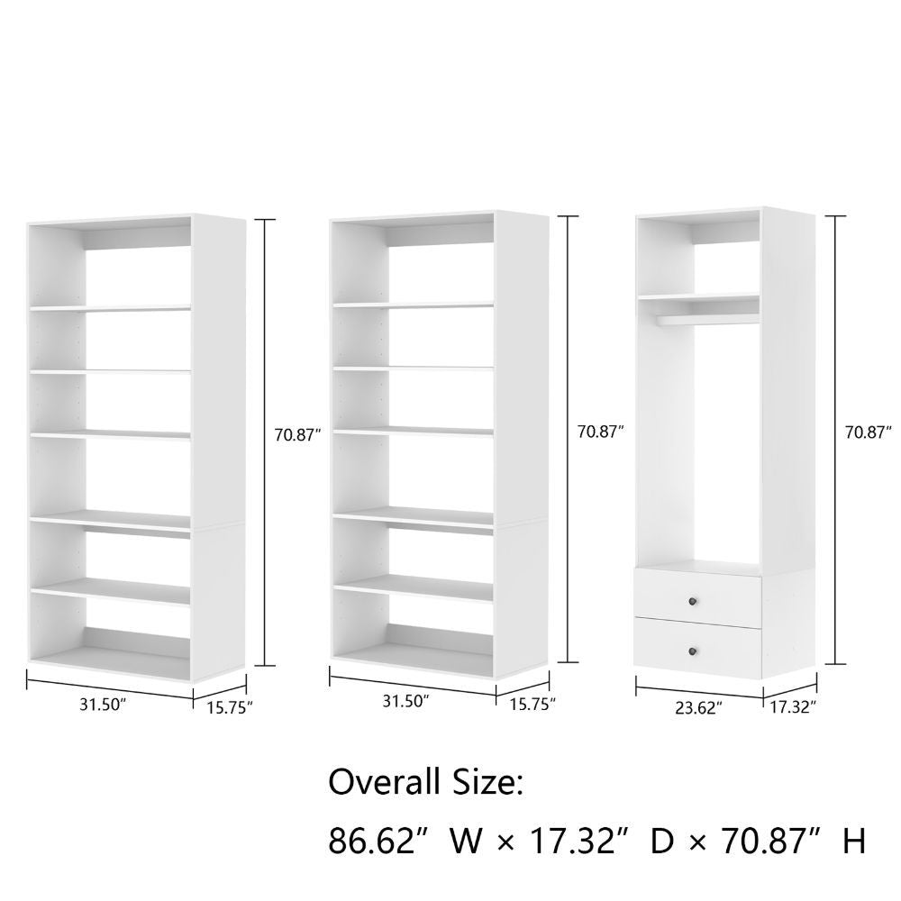 Freestanding White Wardrobe Closet with Spacious Shelves and Hanging Rods