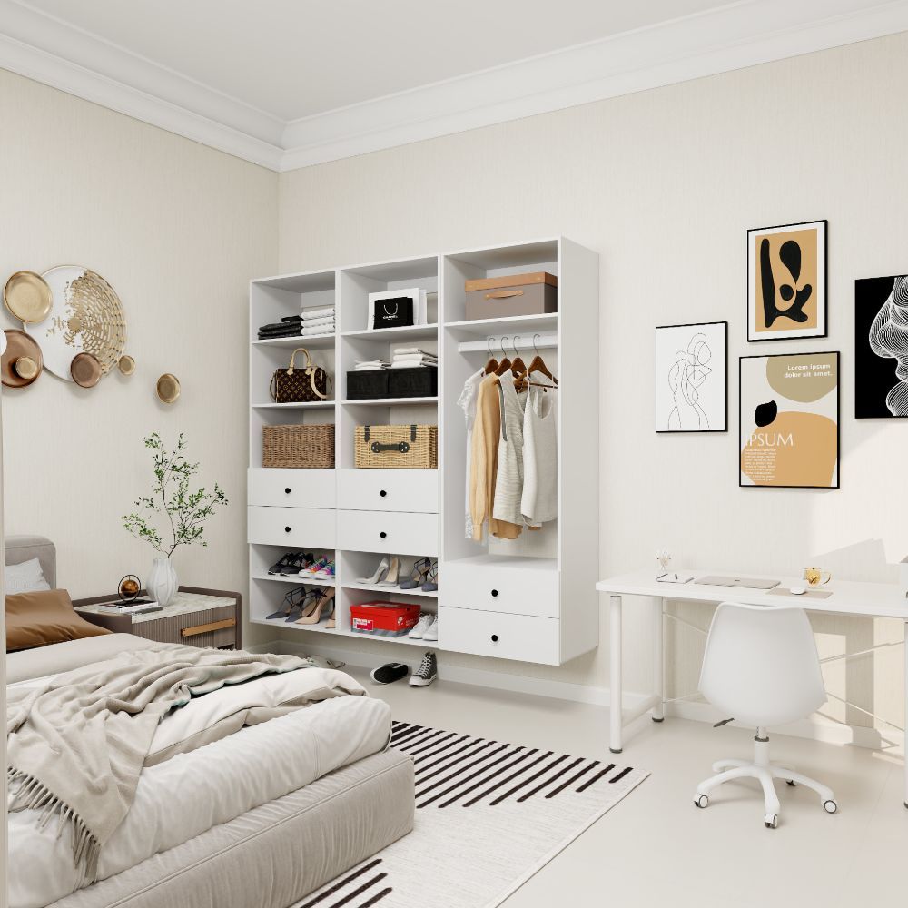 Freestanding White Wardrobe Closet with Spacious Shelves and Hanging Rods