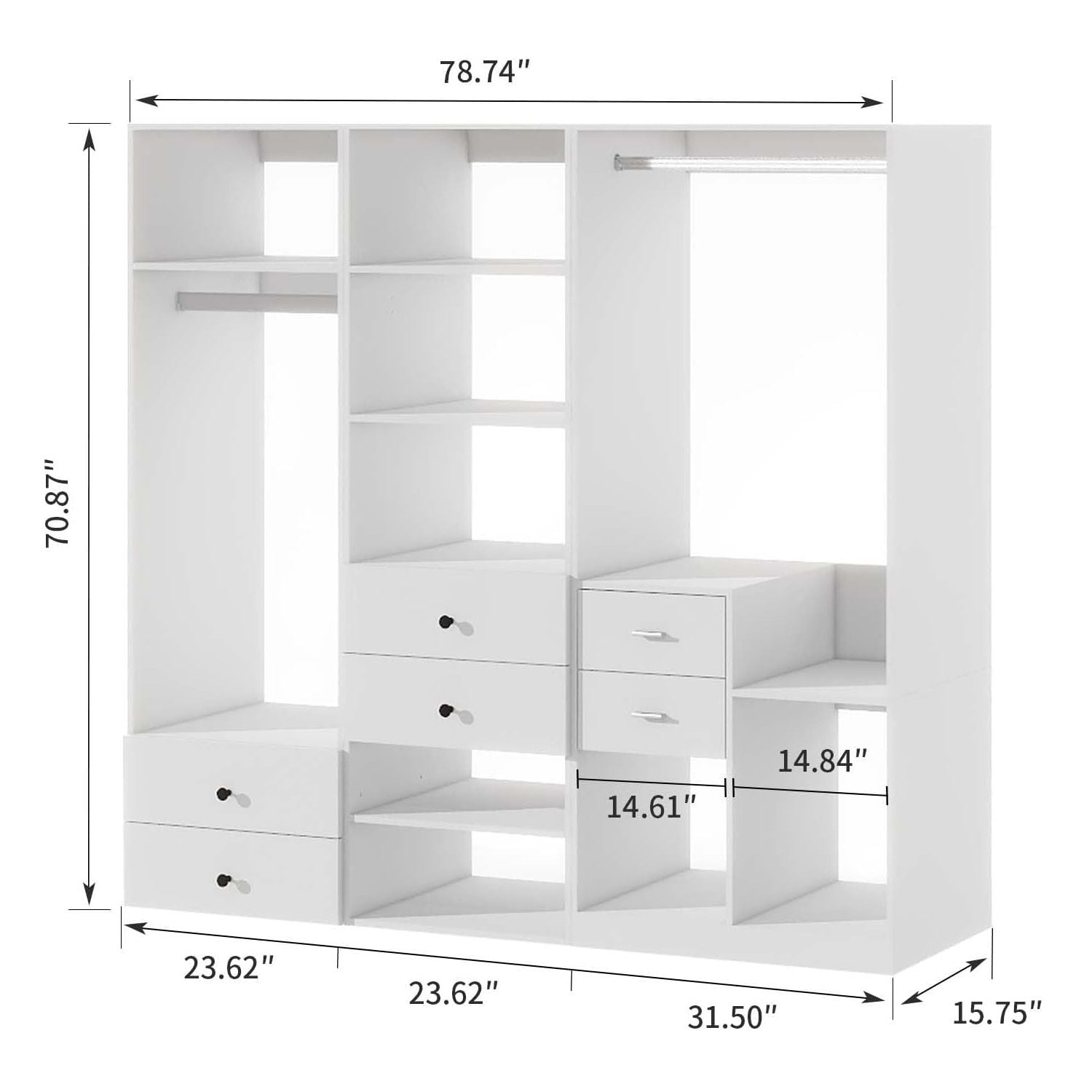Freestanding White Wardrobe Closet with Spacious Shelves and Hanging Rods
