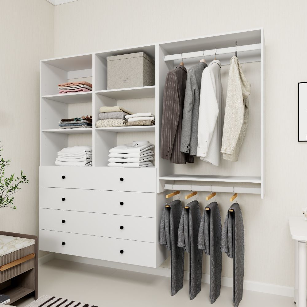 Freestanding White Wardrobe Closet with Spacious Shelves and Hanging Rods