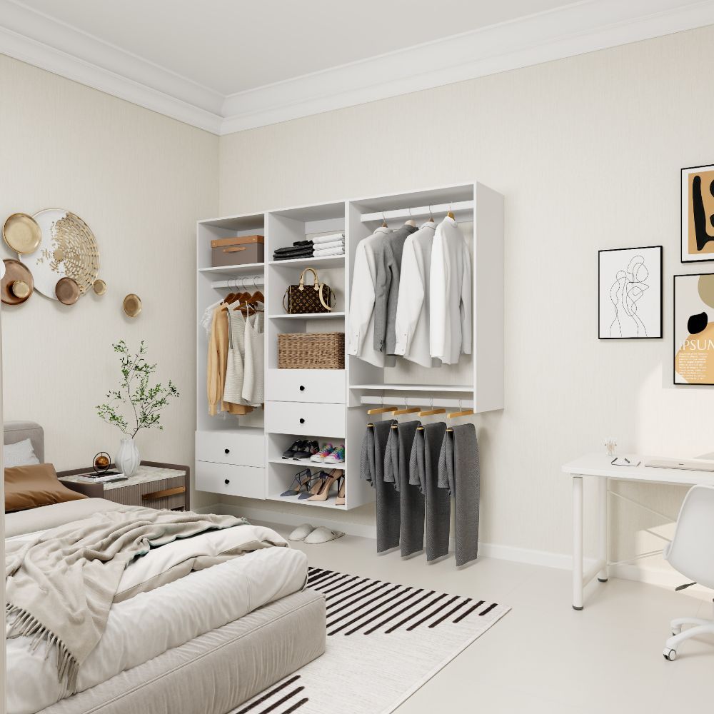 Freestanding White Wardrobe Closet with Spacious Shelves and Hanging Rods