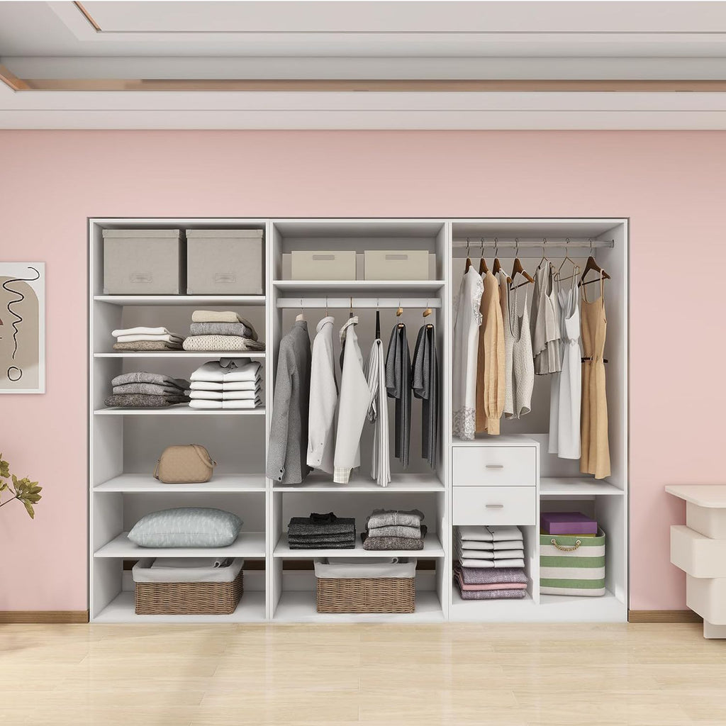 Freestanding White Wardrobe Closet with Spacious Shelves and Hanging Rods