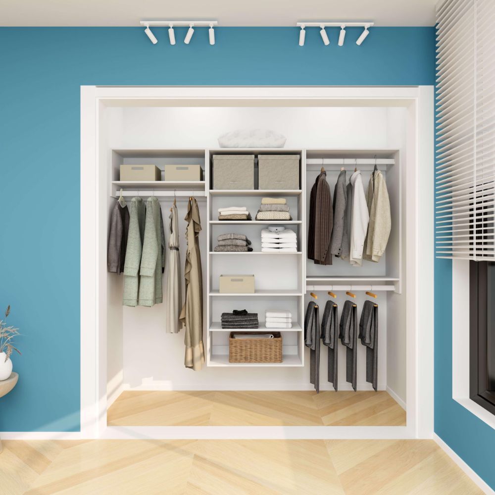 Freestanding White Wardrobe Closet with Spacious Shelves and Hanging Rods