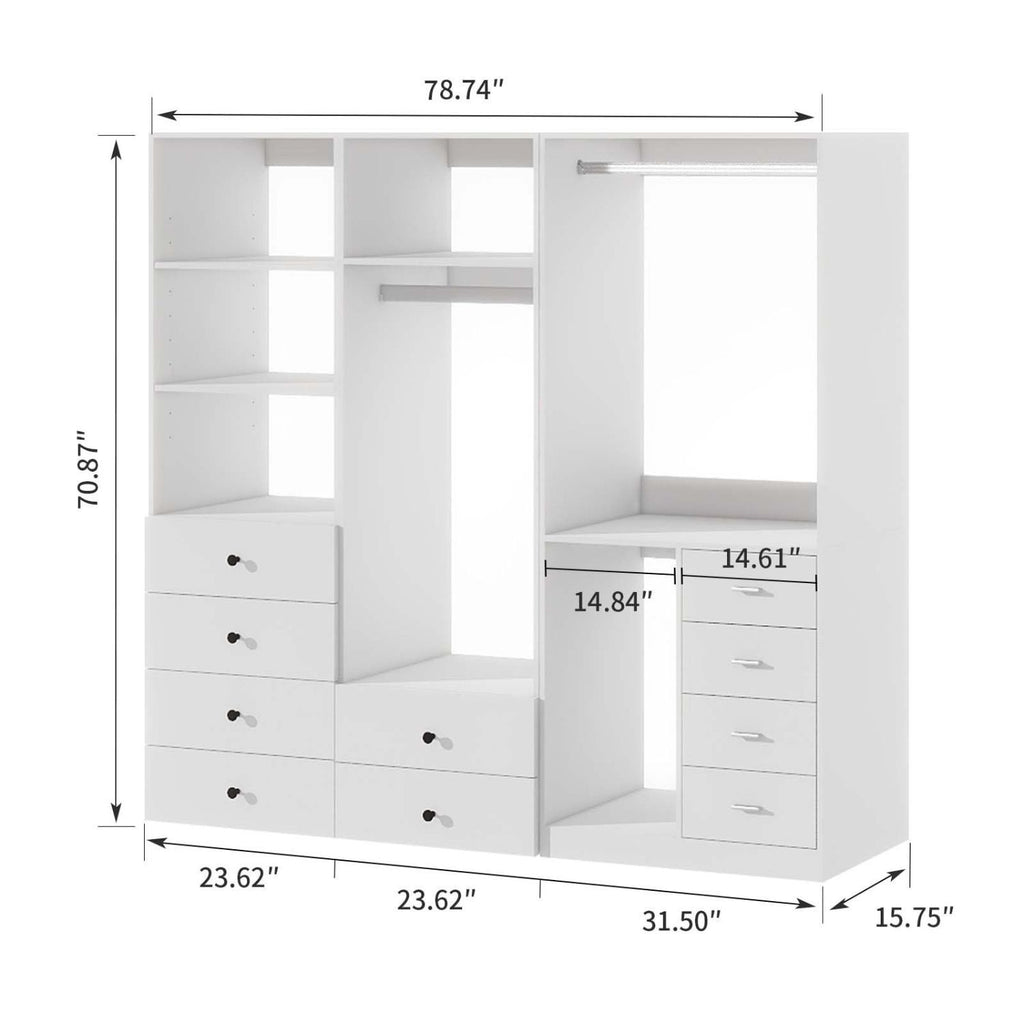 Freestanding White Wardrobe Closet with Spacious Shelves and Hanging Rods