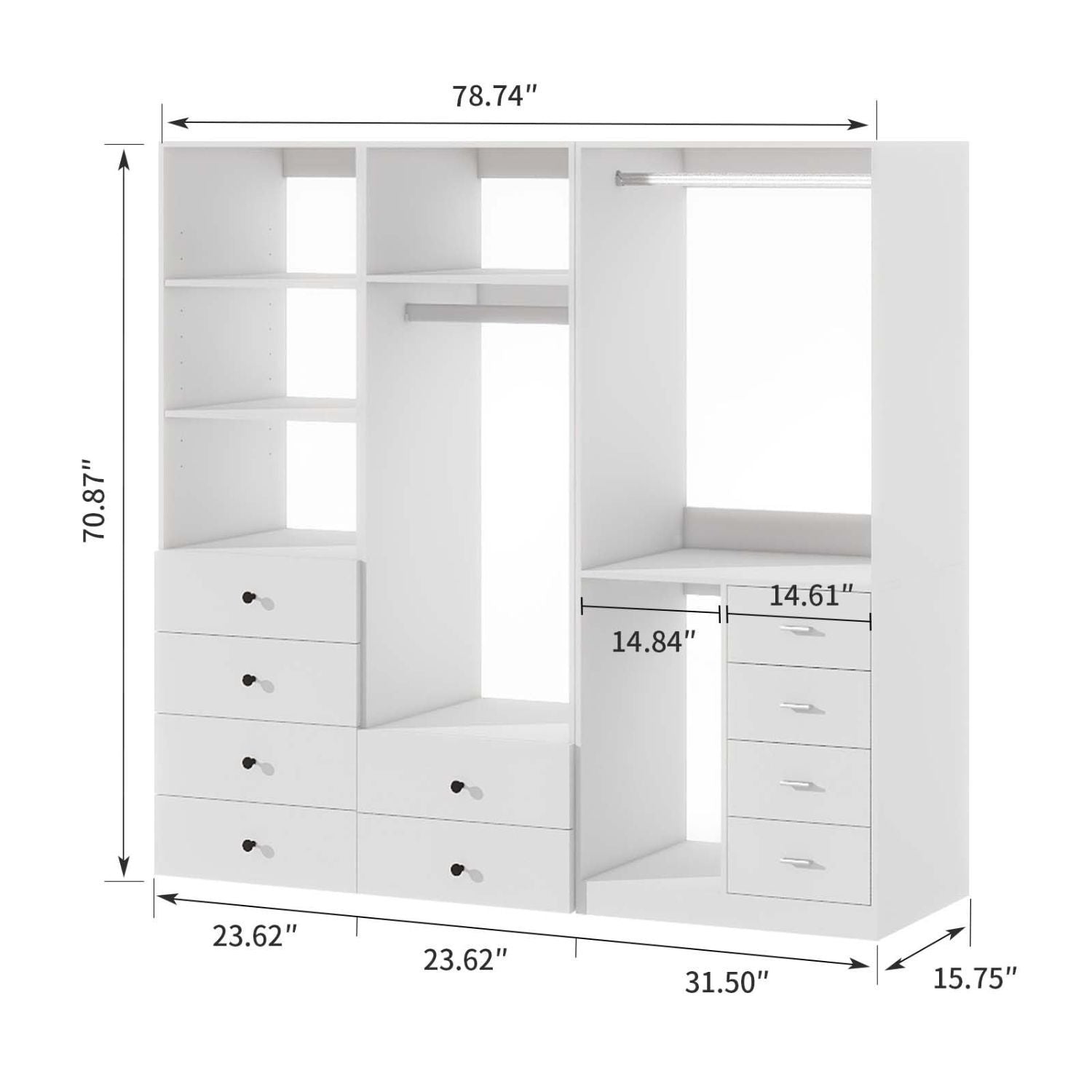 Freestanding White Wardrobe Closet with Spacious Shelves and Hanging Rods