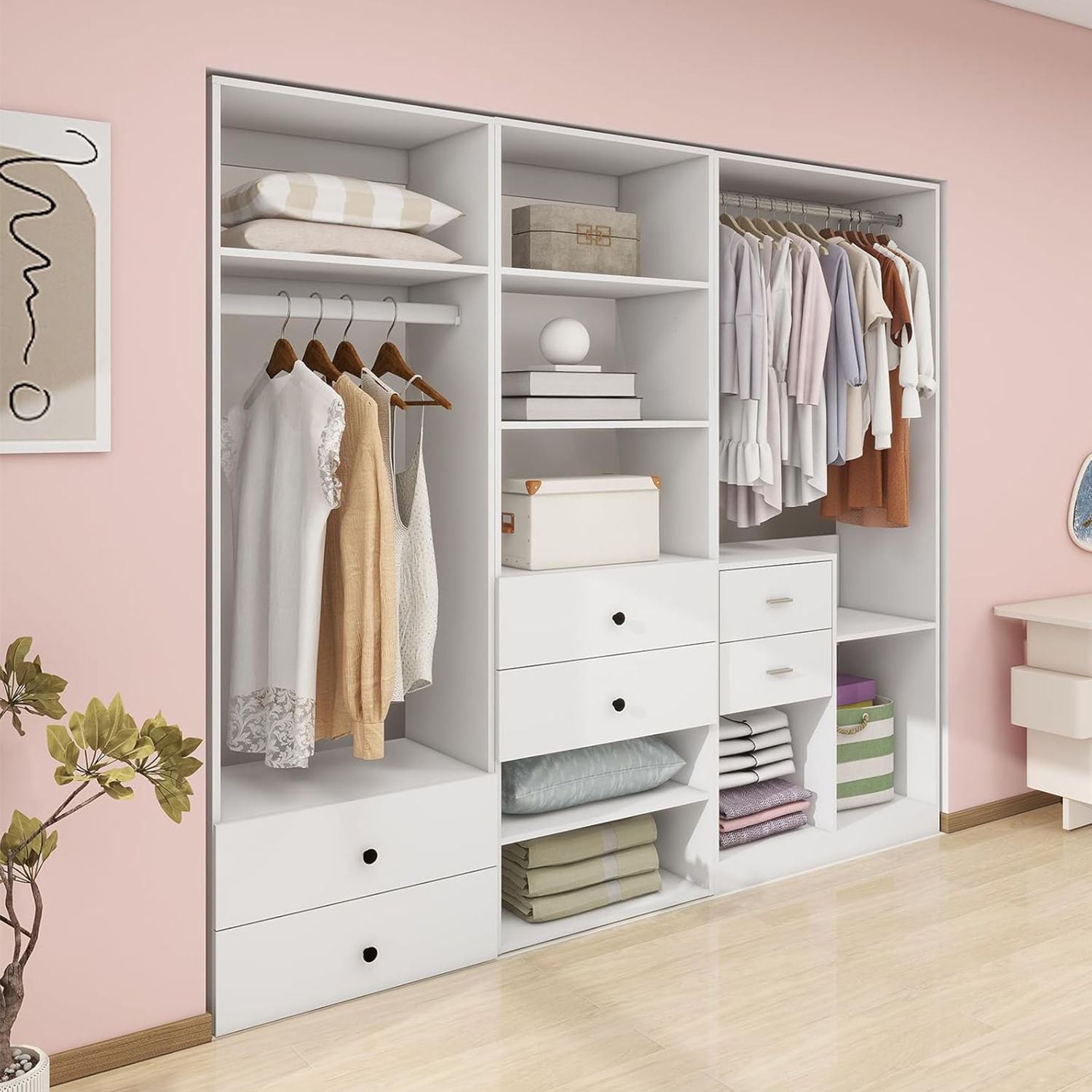 Freestanding White Wardrobe Closet with Spacious Shelves and Hanging Rods