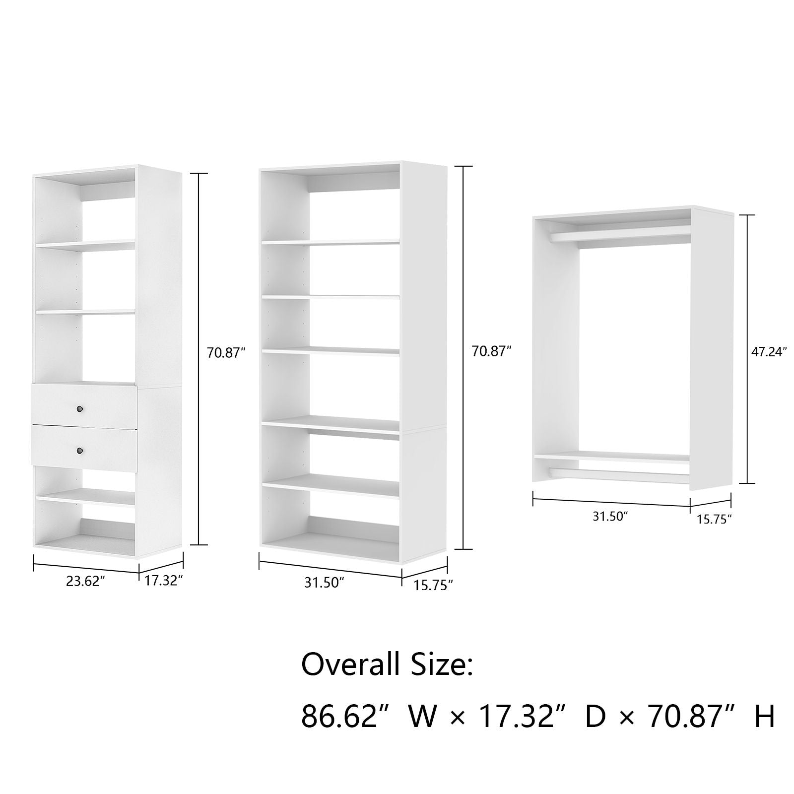 Freestanding White Wardrobe Closet with Spacious Shelves and Hanging Rods