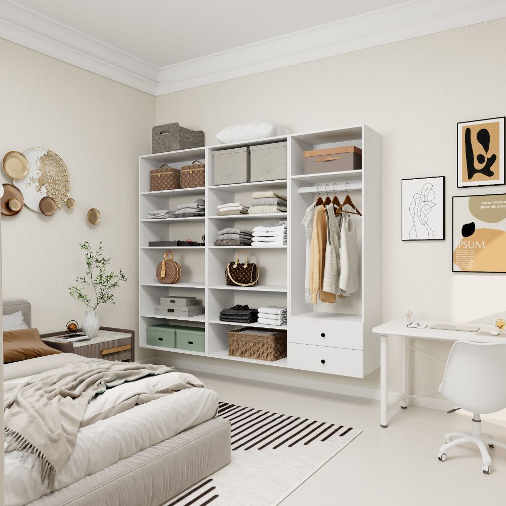 Freestanding White Wardrobe Closet with Spacious Shelves and Hanging Rods