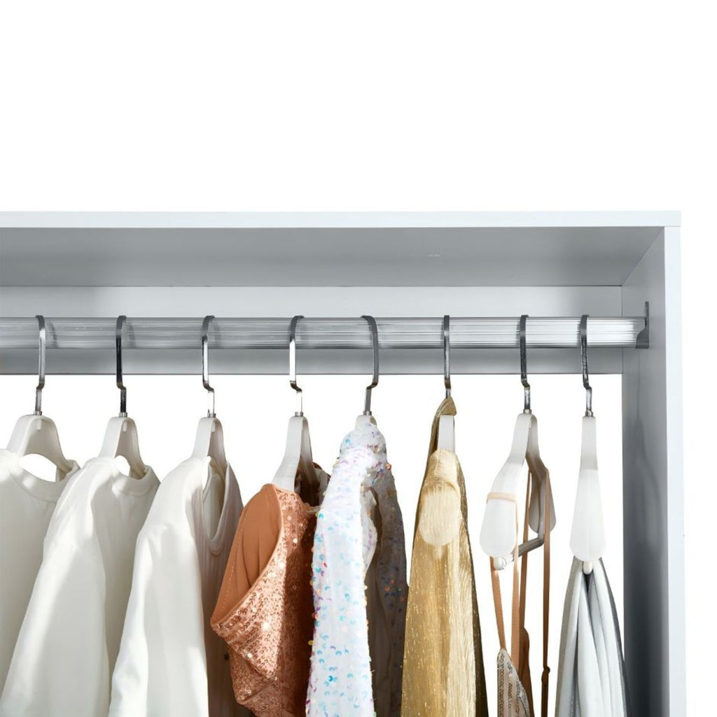Freestanding White Wardrobe Closet with Spacious Shelves and Hanging Rods