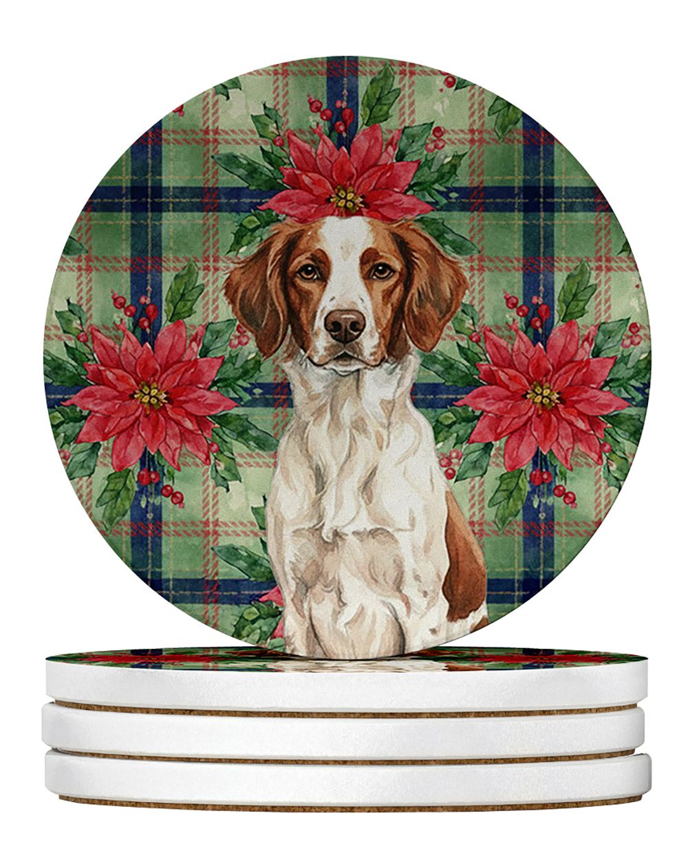 Set of 4 Absorbent Sandstone Coasters with Cork Backing and Festive Poinsettia Art