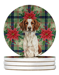 Set of 4 Absorbent Sandstone Coasters with Cork Backing and Festive Poinsettia Art