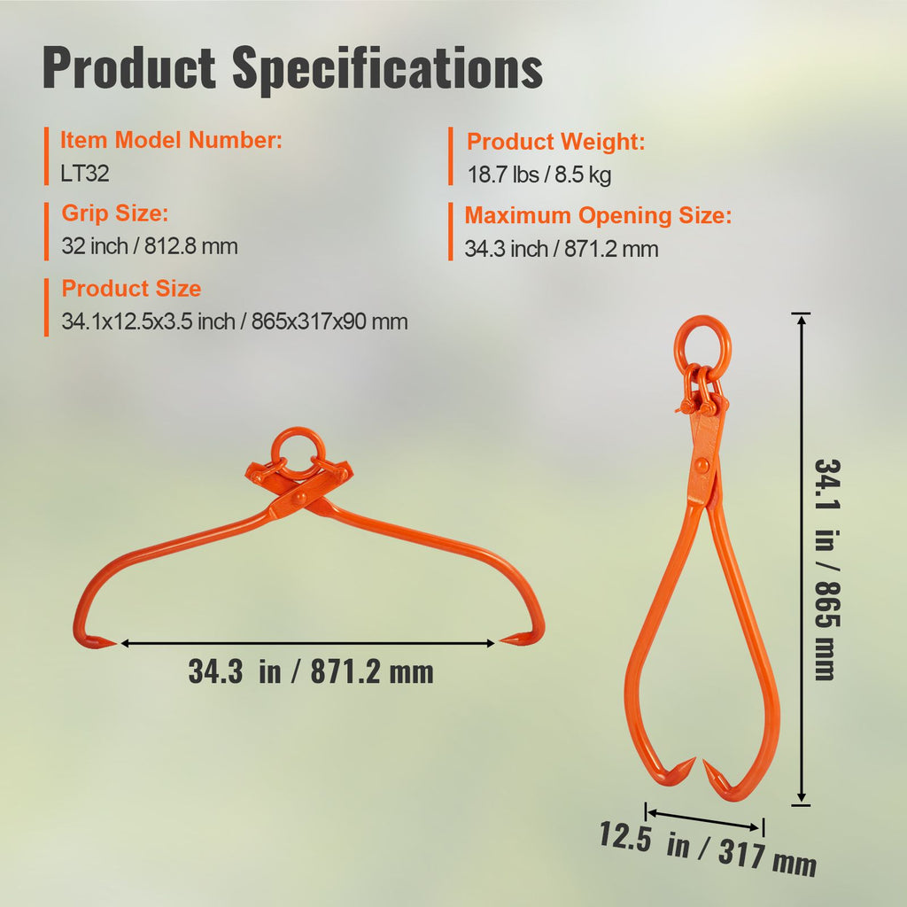 Log Skidding Tongs with Tightening Claw Grip
