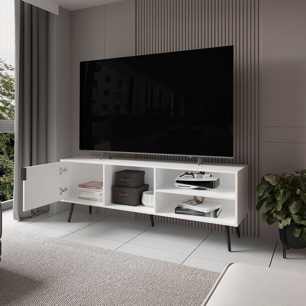 Long Beach TV Stand - White Manufactured Wood with Storage Cabinet and Open Shelving