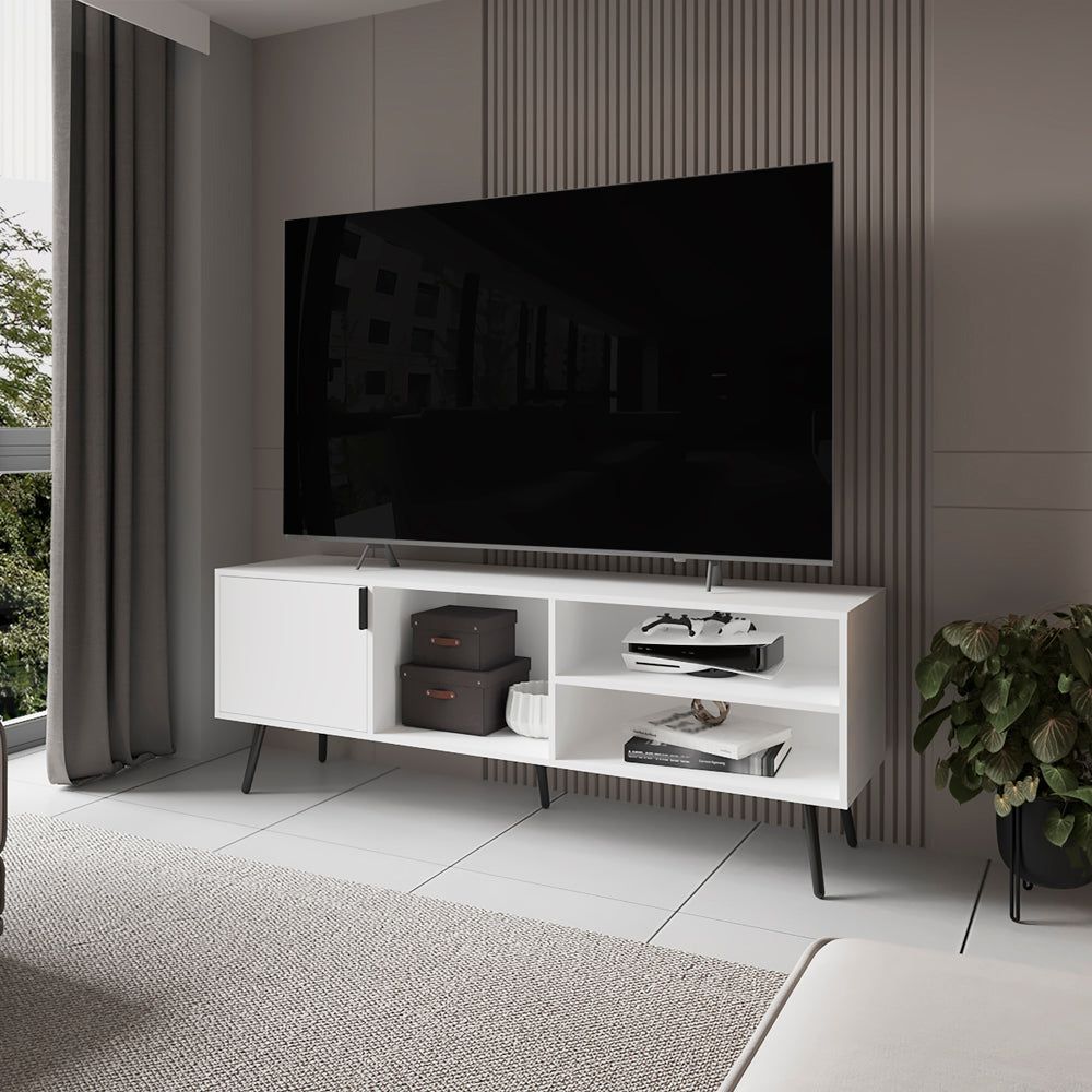 Long Beach TV Stand - White Manufactured Wood with Storage Cabinet and Open Shelving