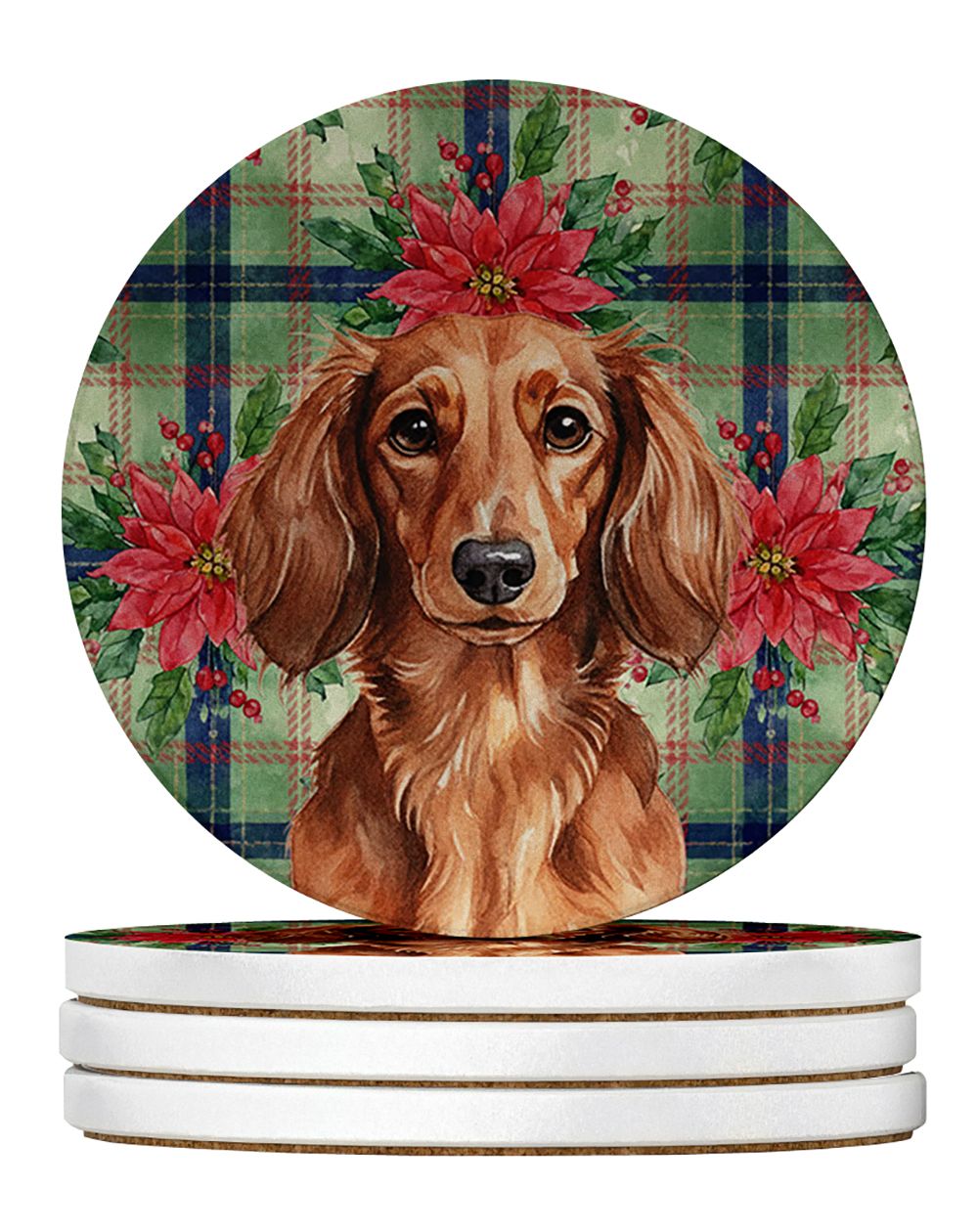 Christmas Poinsettia Sandstone Coasters – Set of 4 Absorbent Round Coasters with Cork Backing