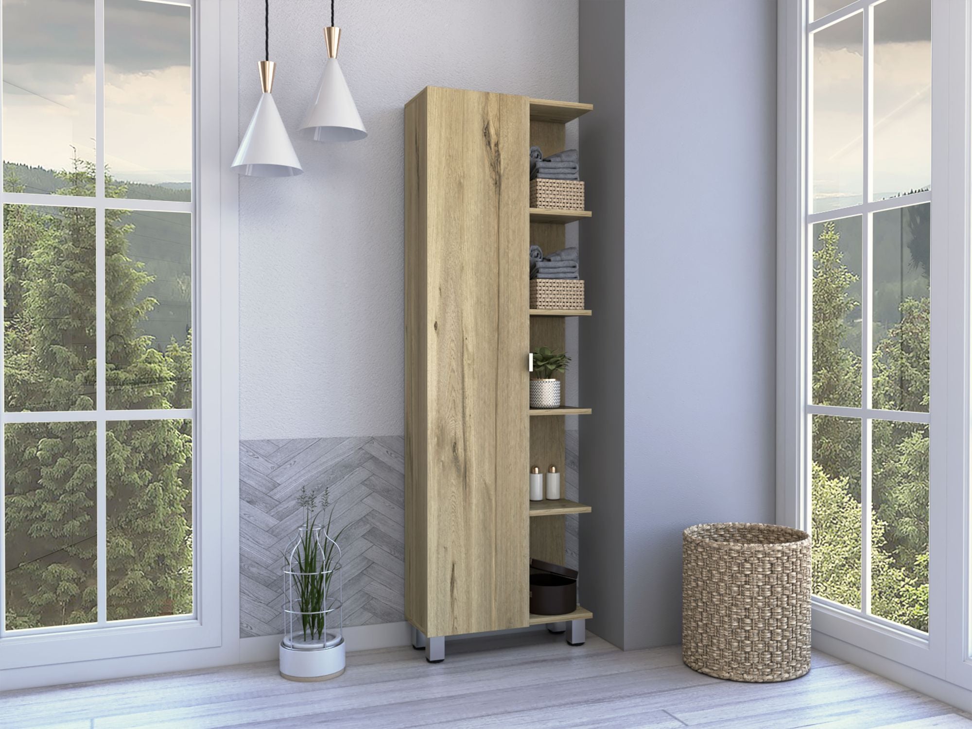 Los Angeles Linen Cabinet with Five Shelves and Cabinet Storage
