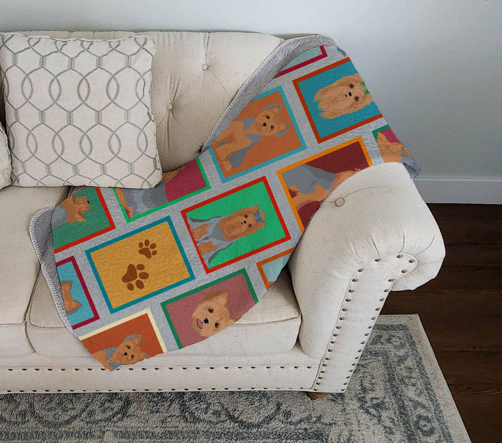 Blue and Tan Yorkie Quilted Throw Blanket