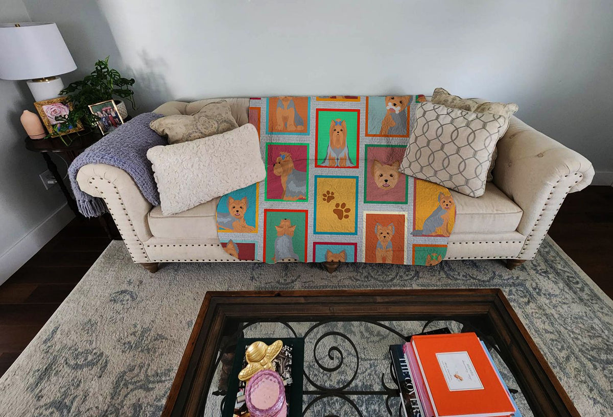 Blue and Tan Yorkie Quilted Throw Blanket