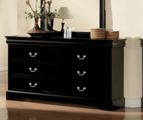 Six-Drawer Black Dresser with Brushed Nickel Handles