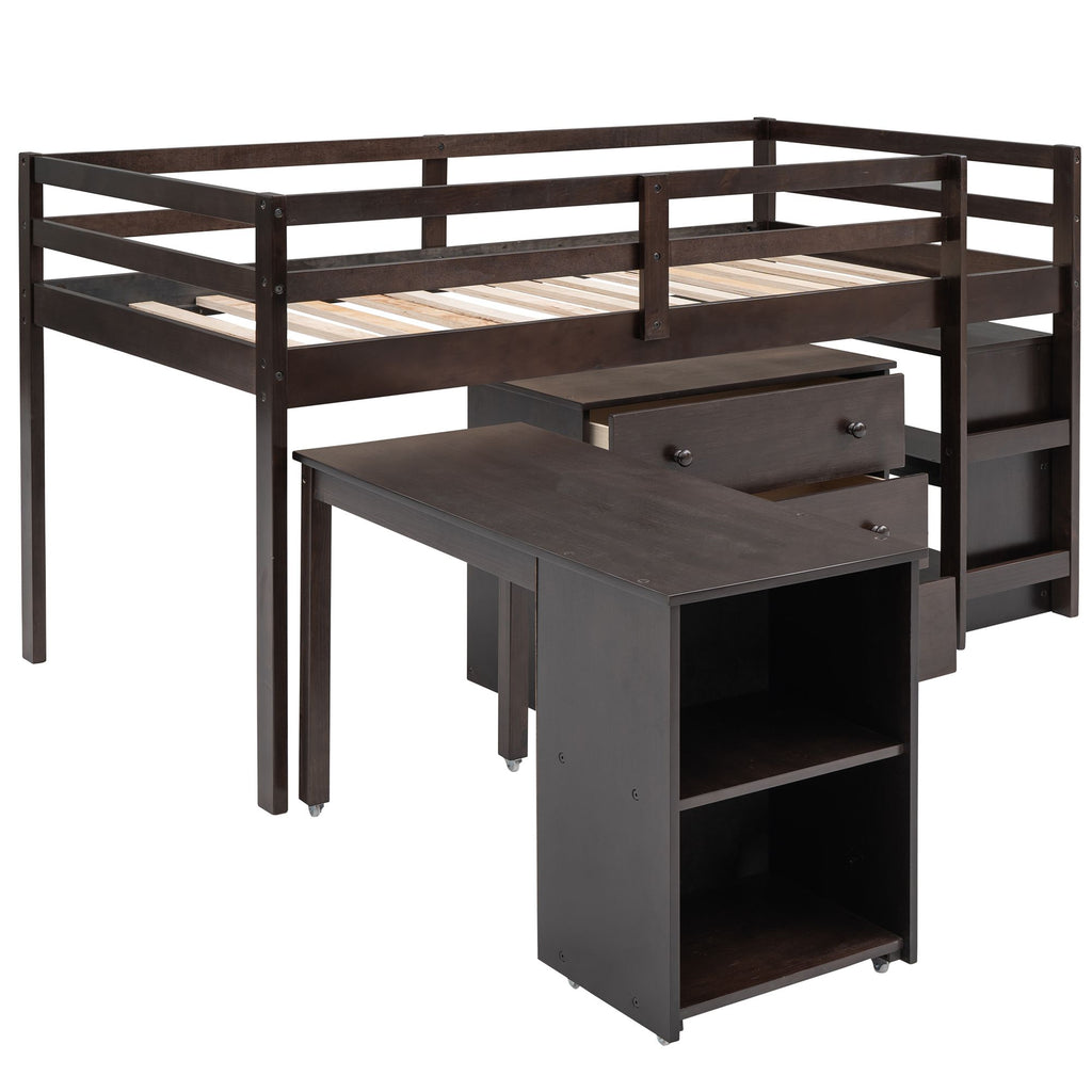 Low Twin Study Loft Bed with Rolling Desk and Cabinet