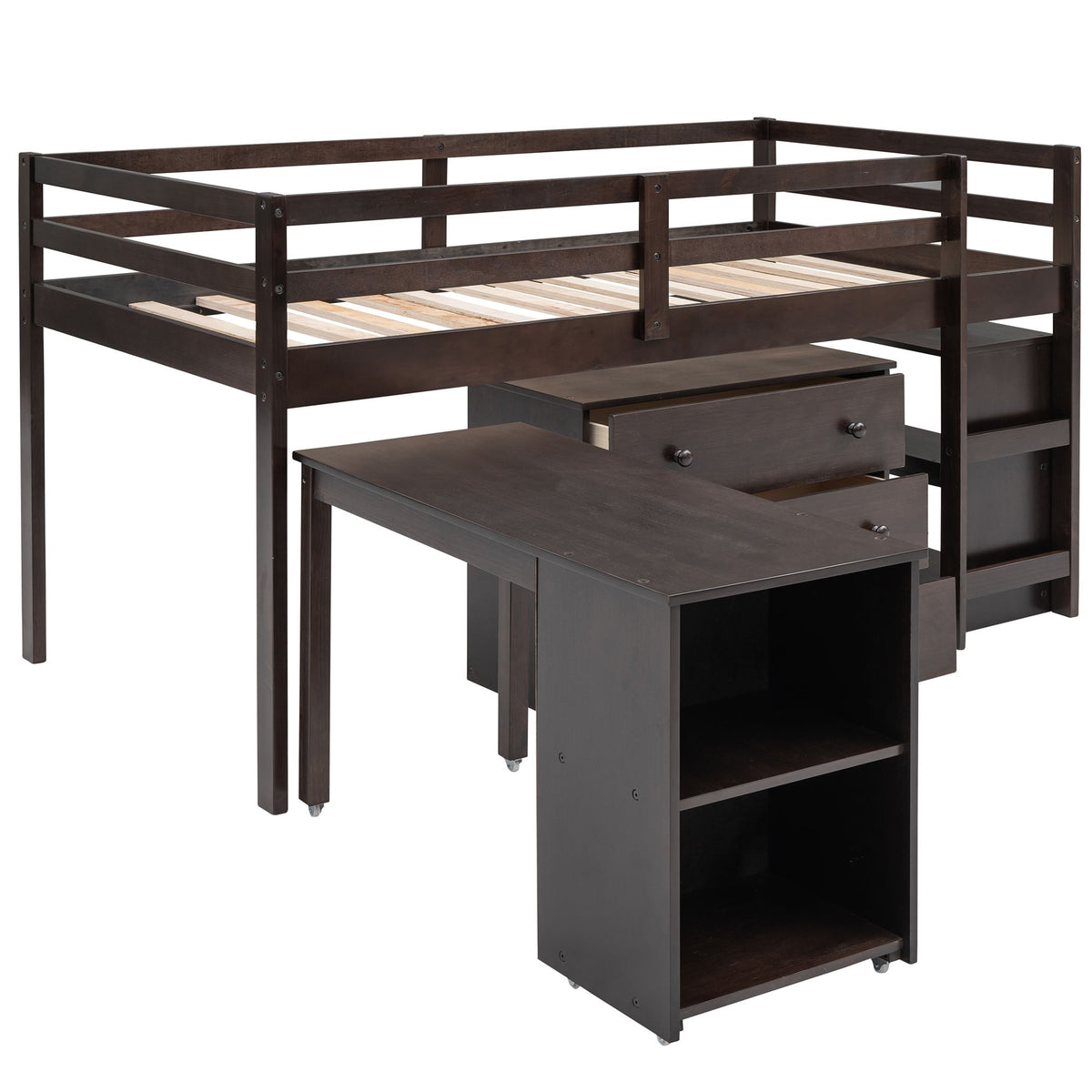 Low Twin Study Loft Bed with Rolling Desk and Cabinet