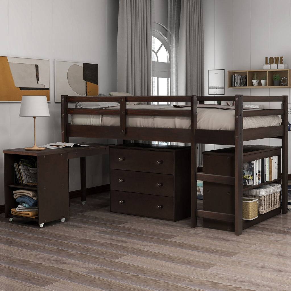 Low Twin Study Loft Bed with Rolling Desk and Cabinet