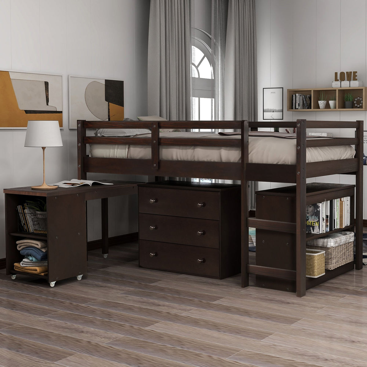 Low Twin Study Loft Bed with Rolling Desk and Cabinet
