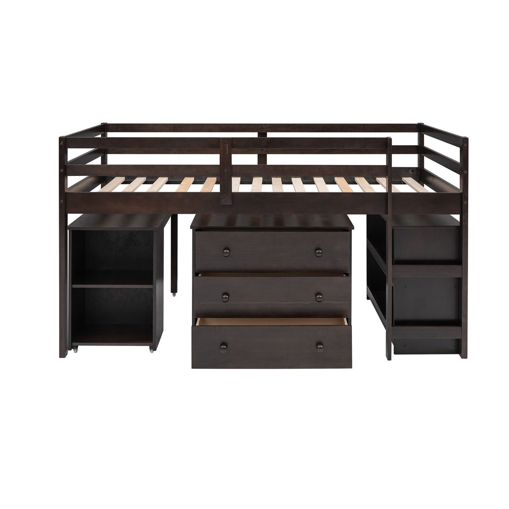 Low Twin Study Loft Bed with Rolling Desk and Cabinet