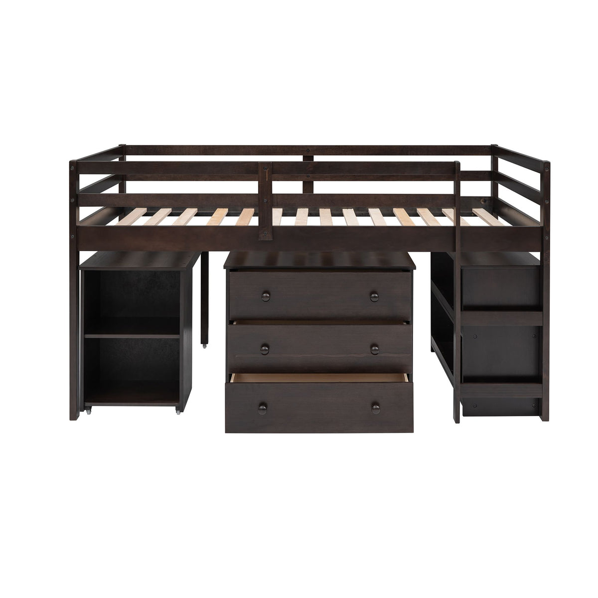 Low Twin Study Loft Bed with Rolling Desk and Cabinet