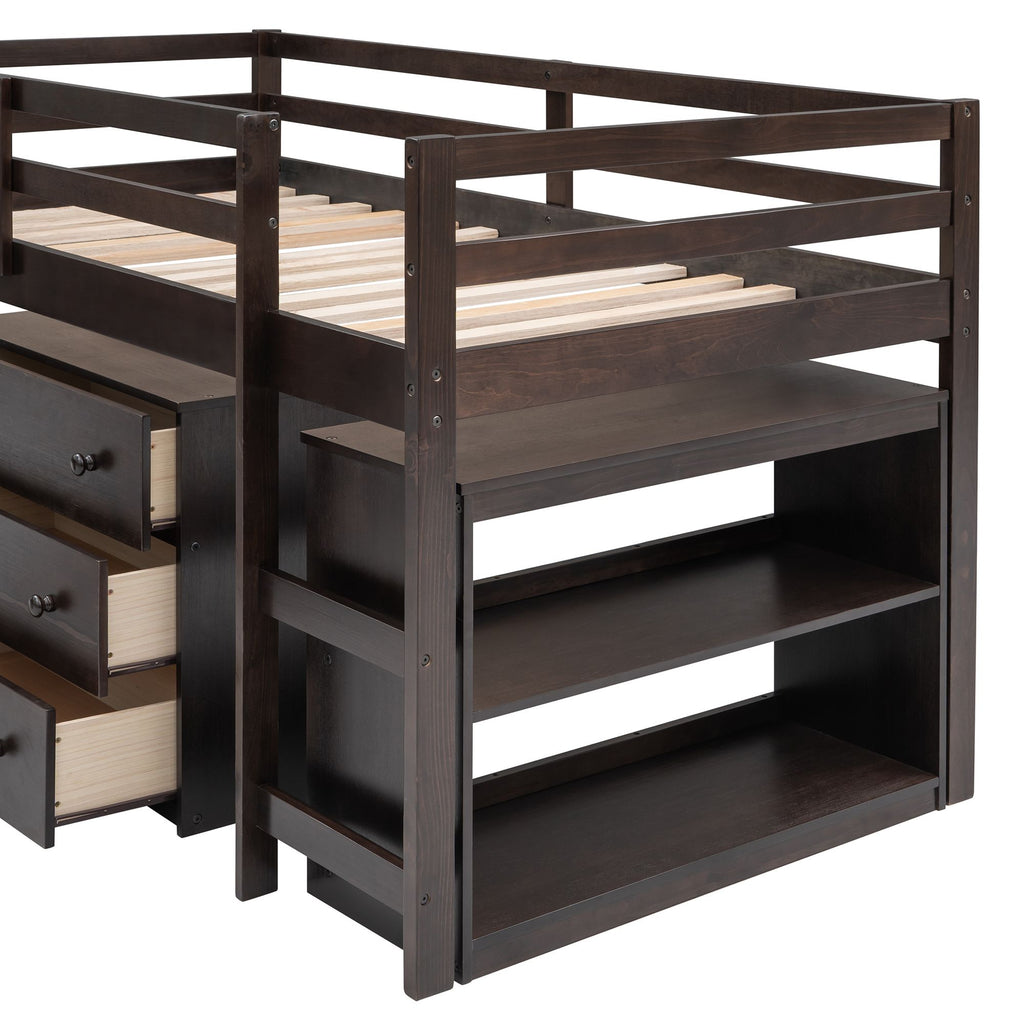 Low Twin Study Loft Bed with Rolling Desk and Cabinet