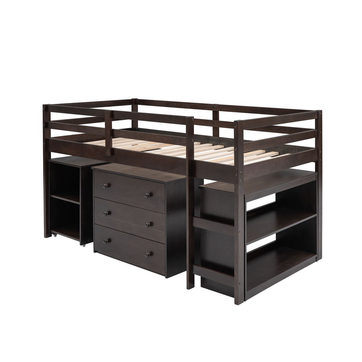 Low Twin Study Loft Bed with Rolling Desk and Cabinet