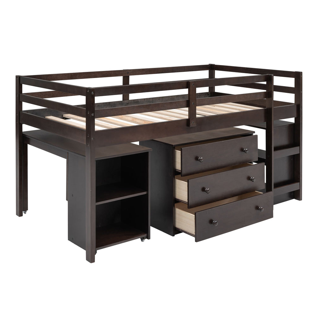 Low Twin Study Loft Bed with Rolling Desk and Cabinet