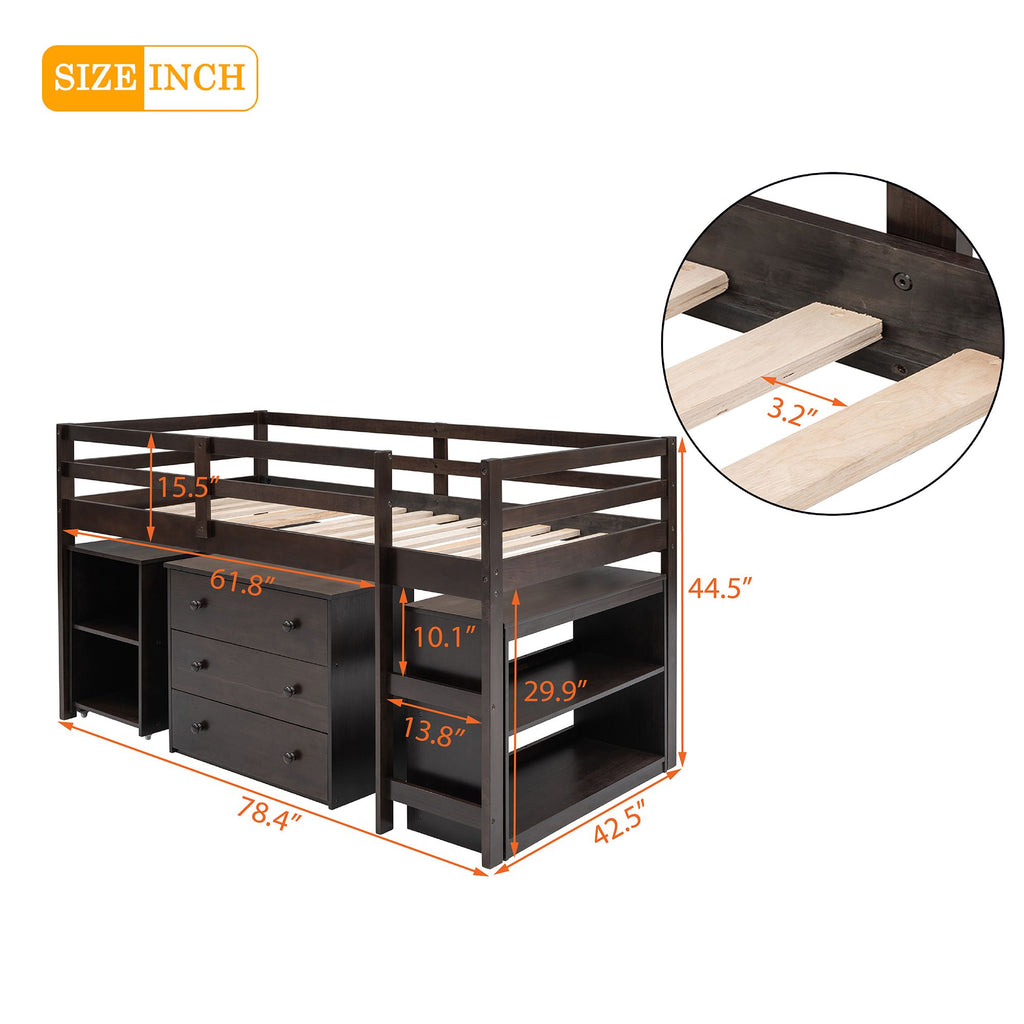 Low Twin Study Loft Bed with Rolling Desk and Cabinet