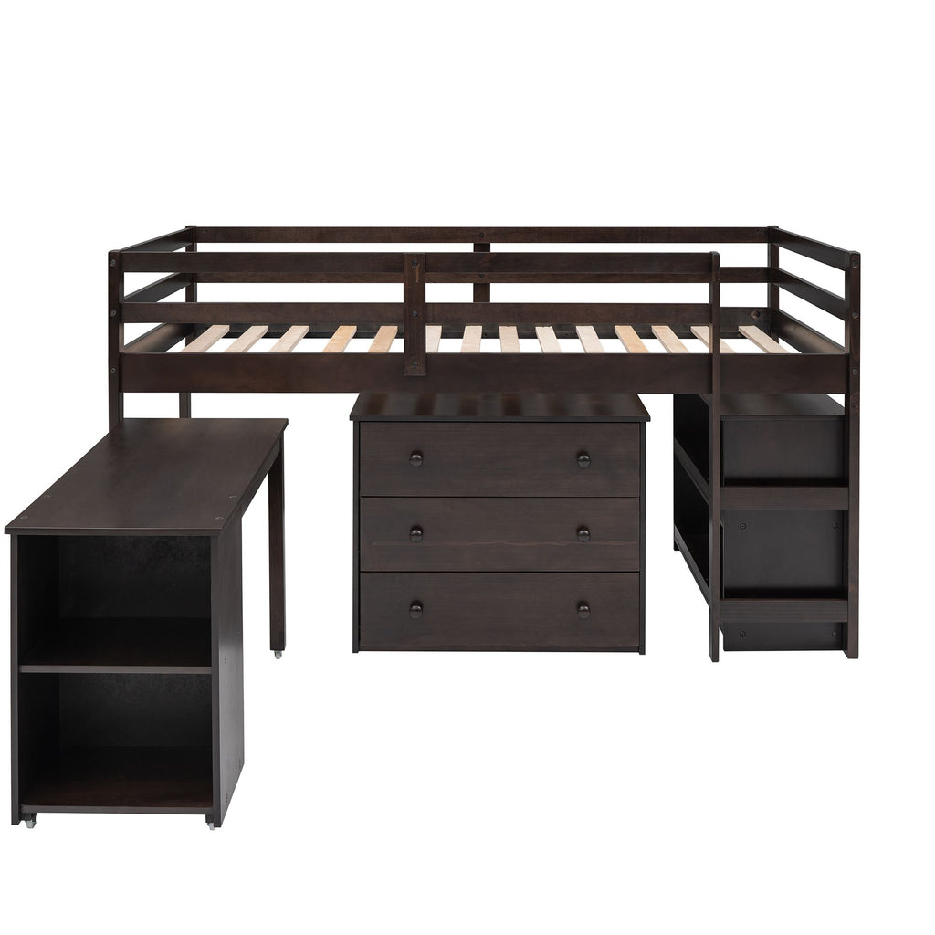 Low Twin Study Loft Bed with Rolling Desk and Cabinet