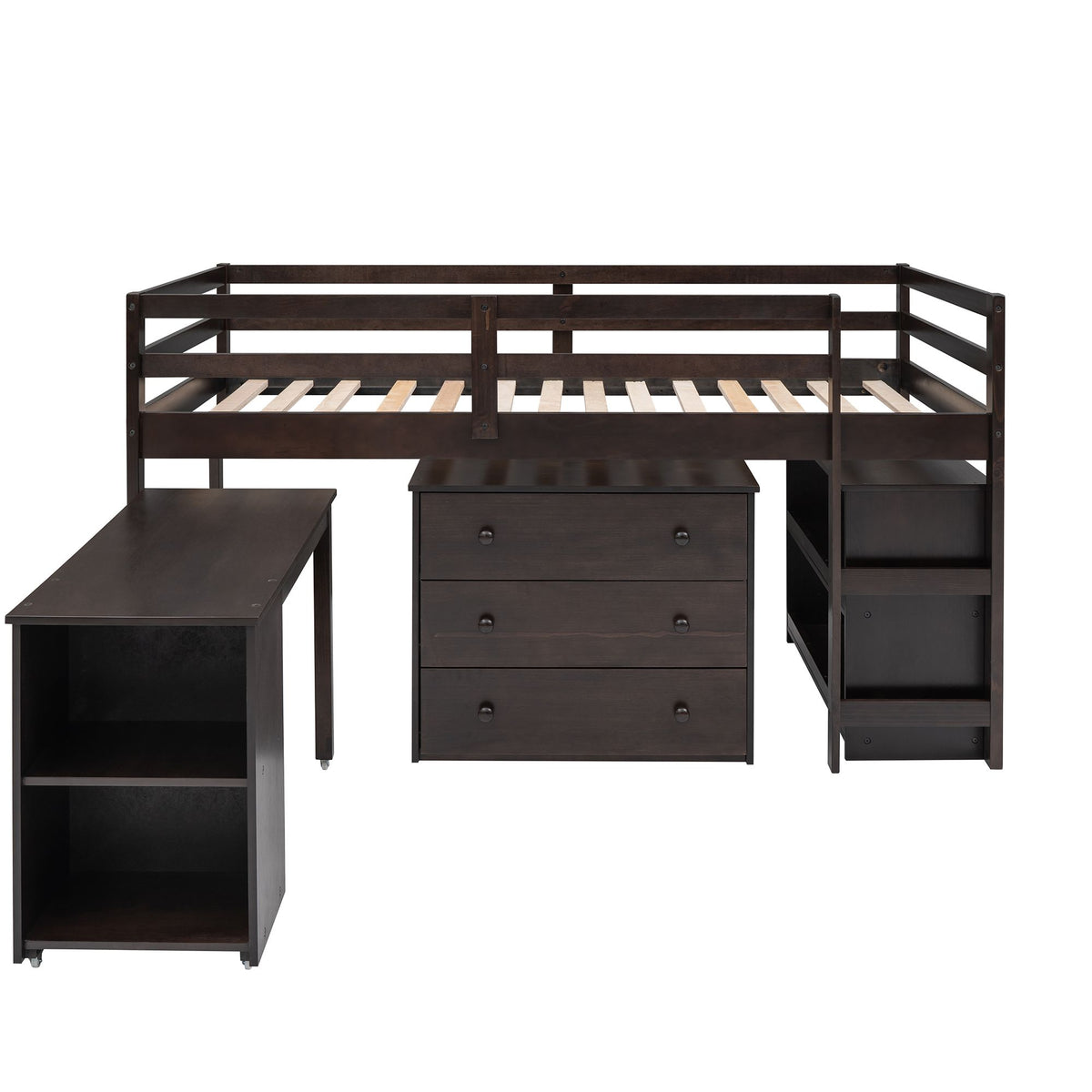 Low Twin Study Loft Bed with Rolling Desk and Cabinet