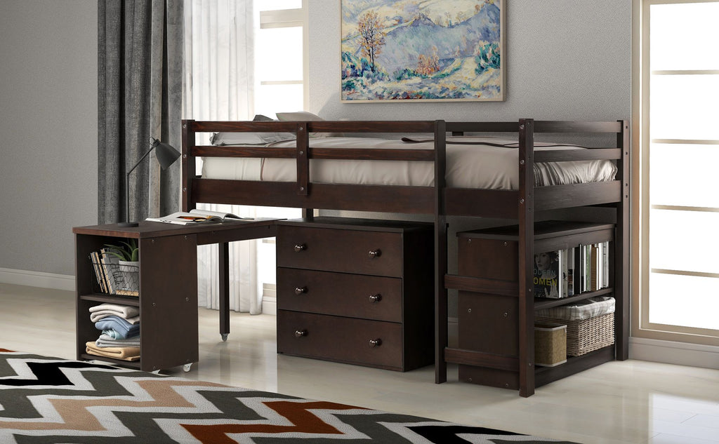 Low Twin Study Loft Bed with Rolling Desk and Cabinet