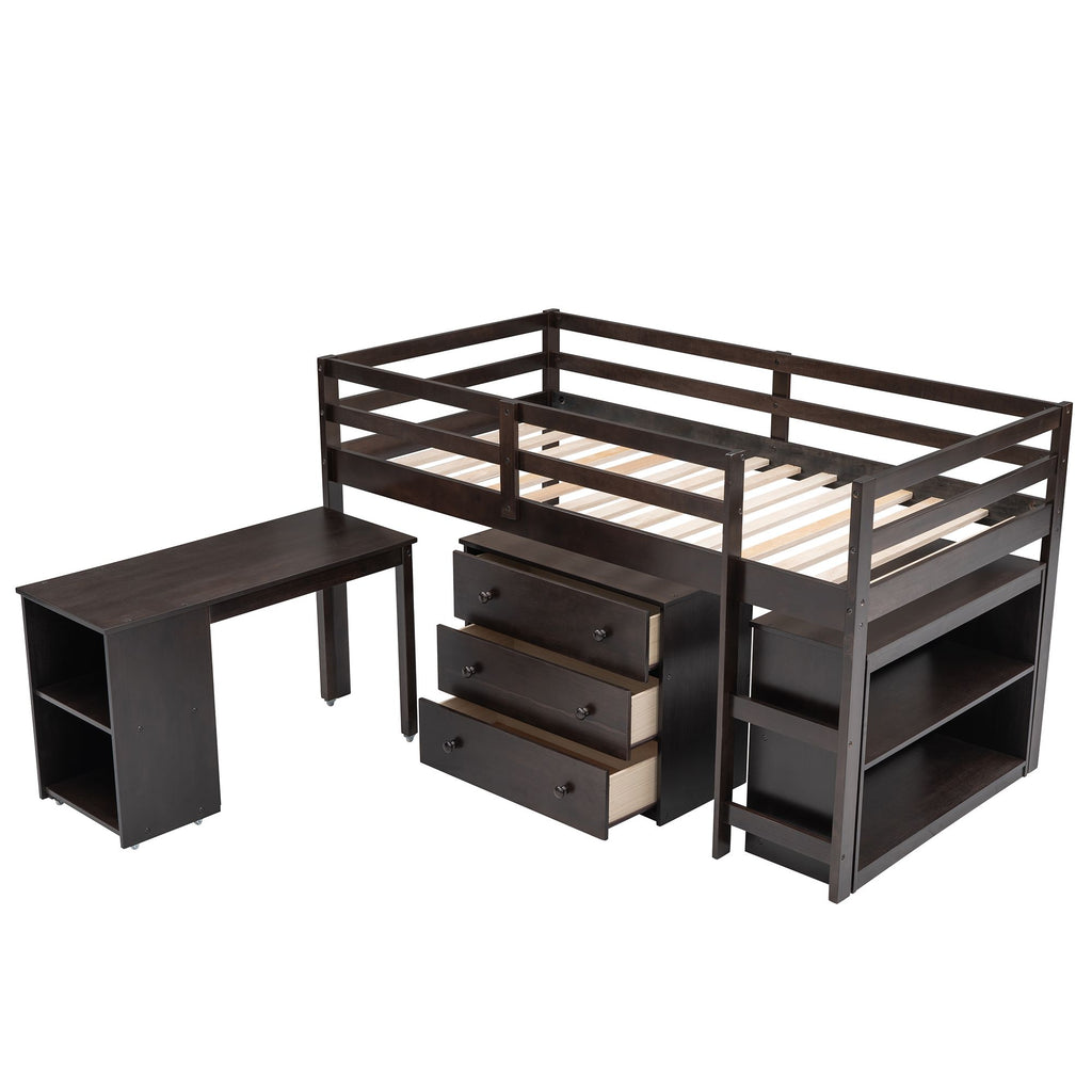 Low Twin Study Loft Bed with Rolling Desk and Cabinet