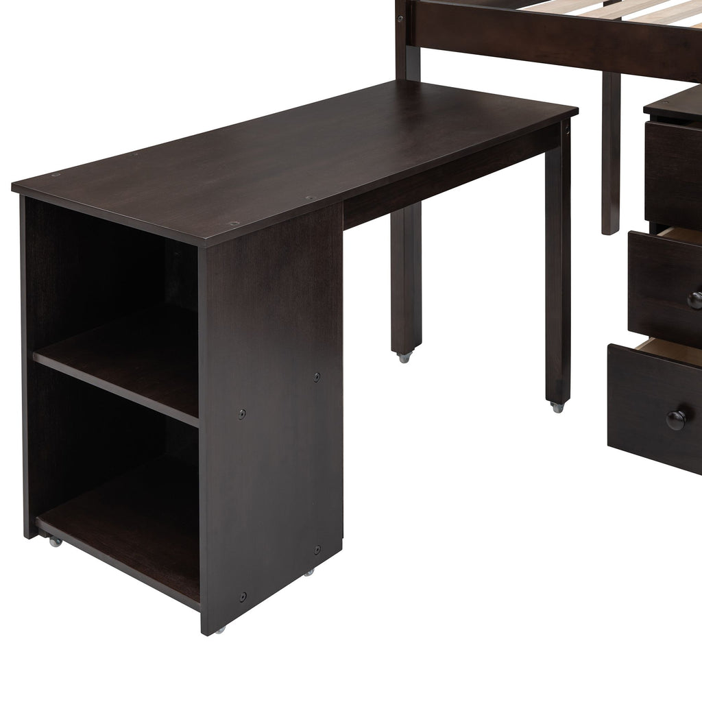 Low Twin Study Loft Bed with Rolling Desk and Cabinet