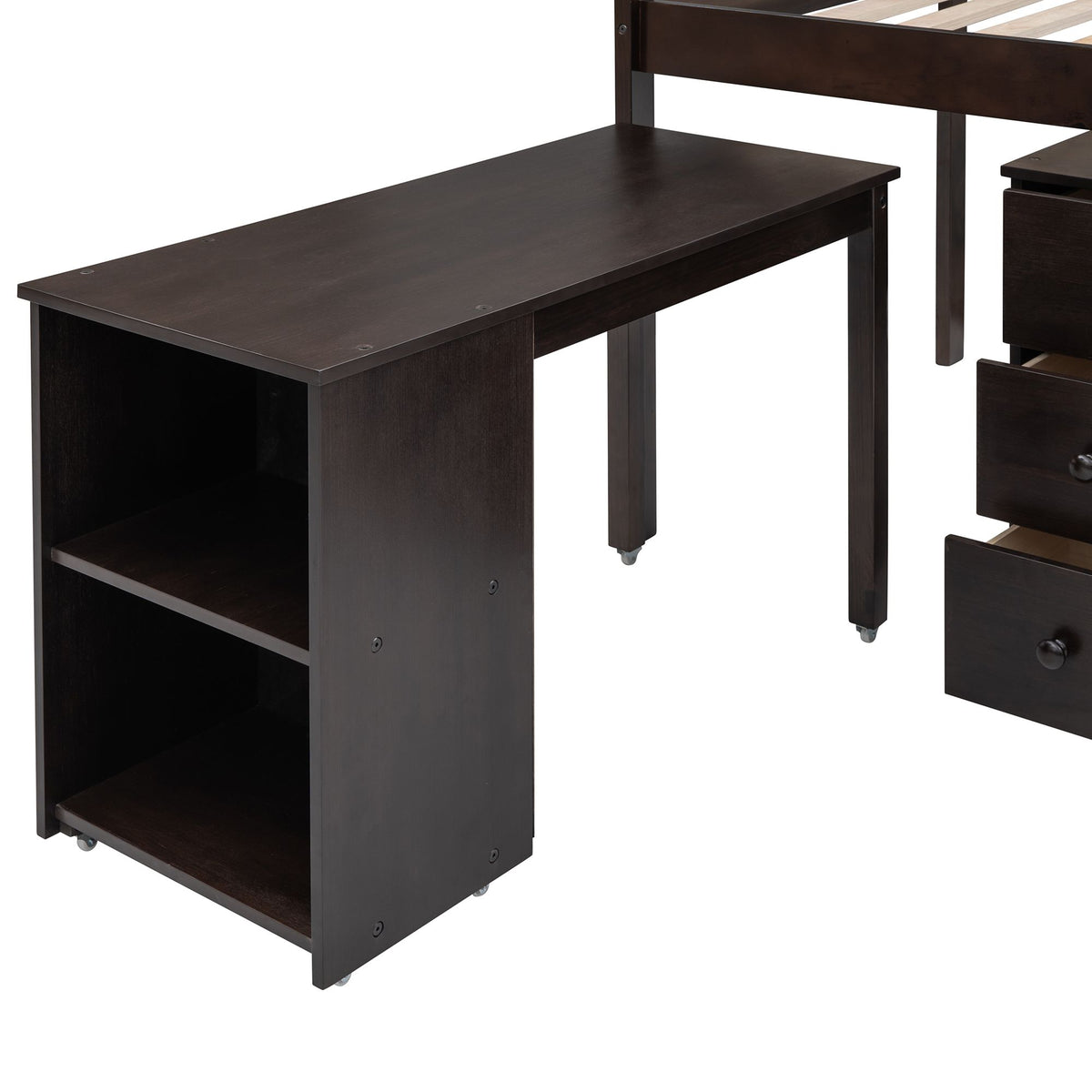 Low Twin Study Loft Bed with Rolling Desk and Cabinet