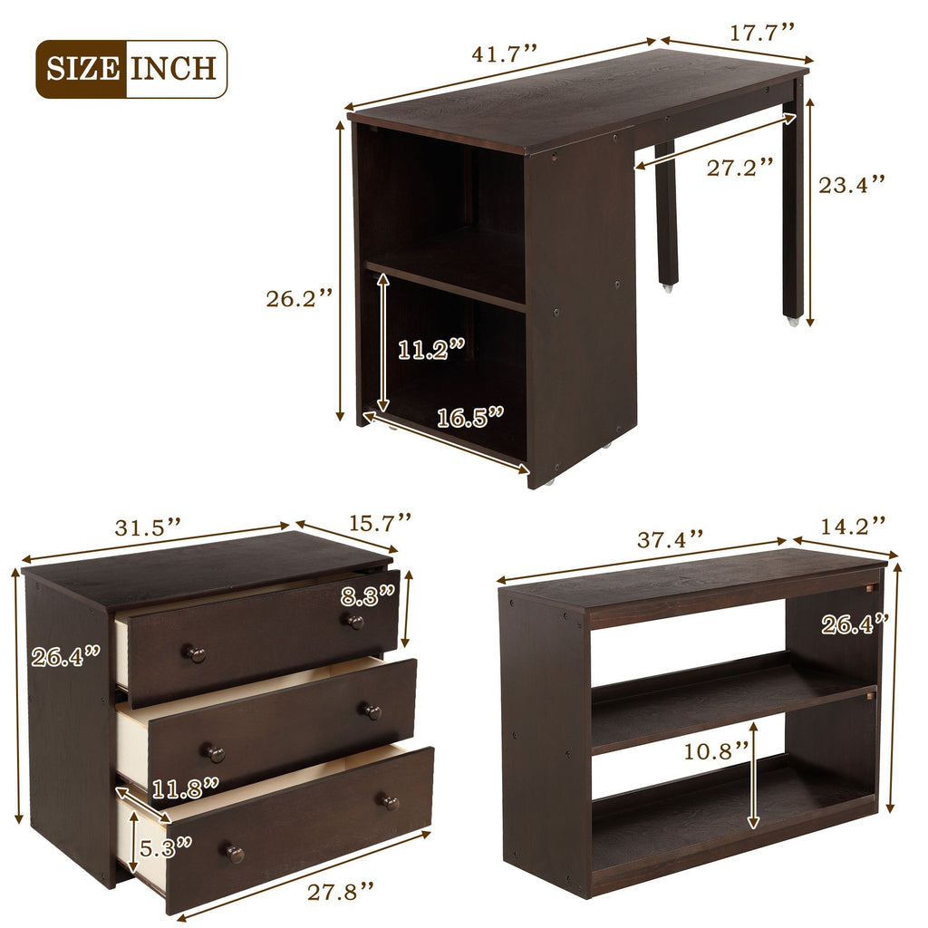 Low Twin Study Loft Bed with Rolling Desk and Cabinet