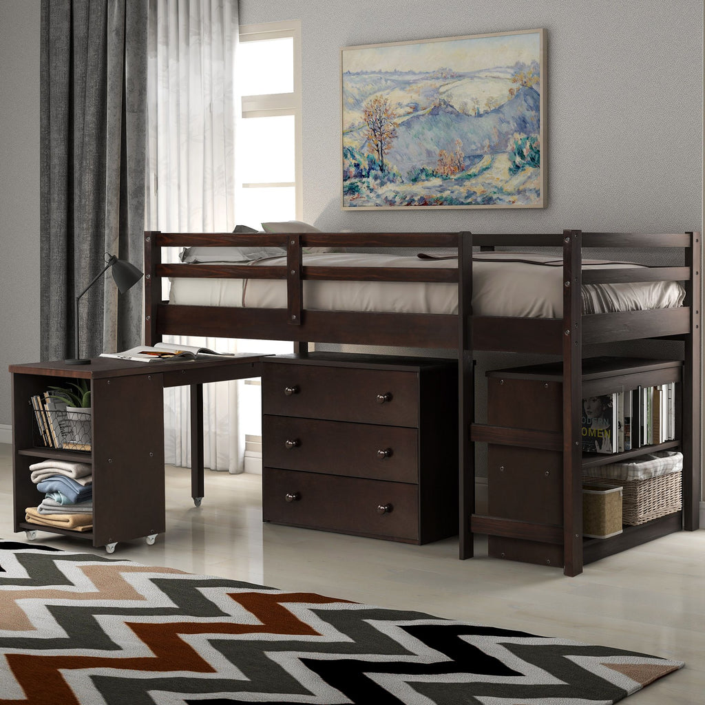 Low Twin Study Loft Bed with Rolling Desk and Cabinet