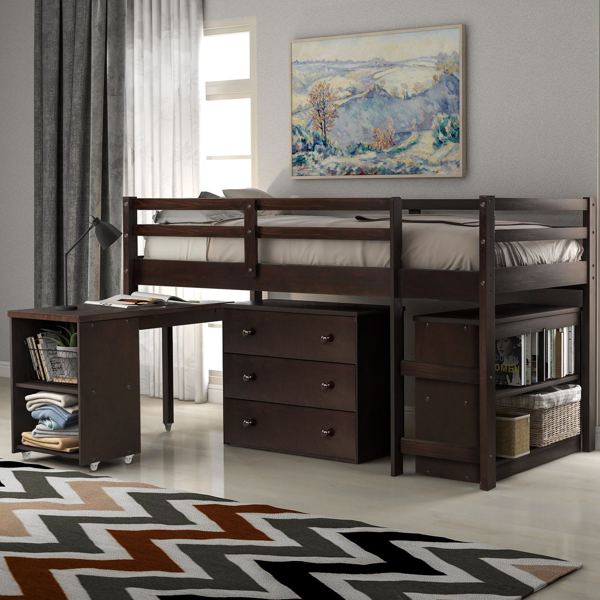 Low Twin Study Loft Bed with Rolling Desk and Cabinet