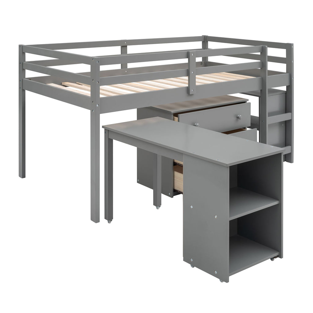 Low Twin Loft Bed with Rolling Desk and Cabinet