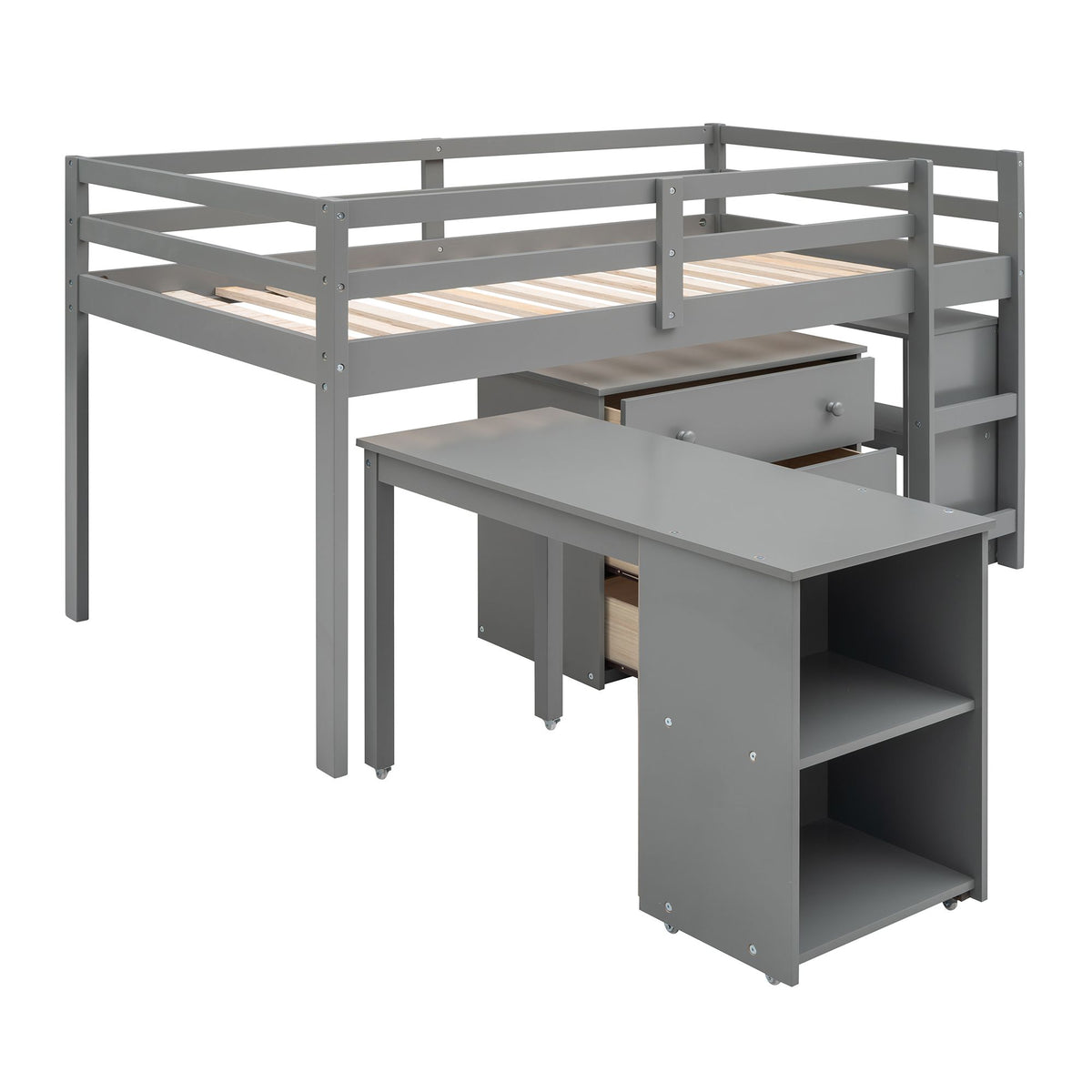 Low Twin Loft Bed with Rolling Desk and Cabinet
