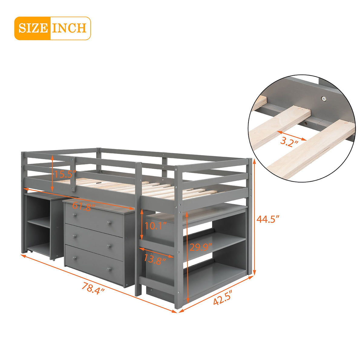 Low Twin Loft Bed with Rolling Desk and Cabinet