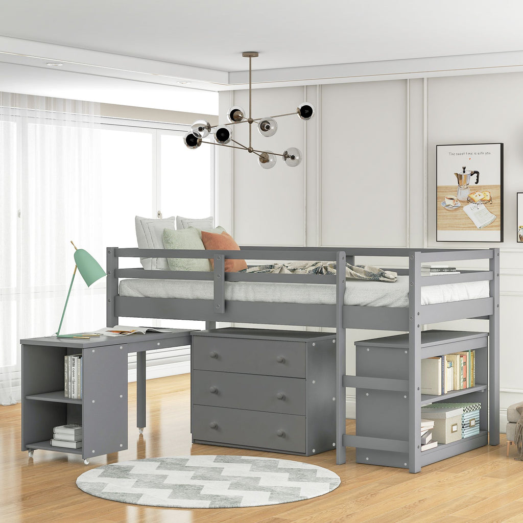 Low Twin Loft Bed with Rolling Desk and Cabinet