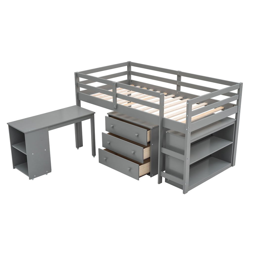 Low Twin Loft Bed with Rolling Desk and Cabinet