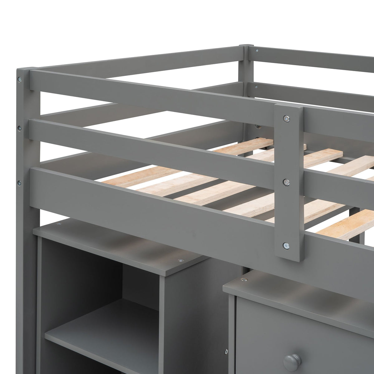 Low Twin Loft Bed with Rolling Desk and Cabinet