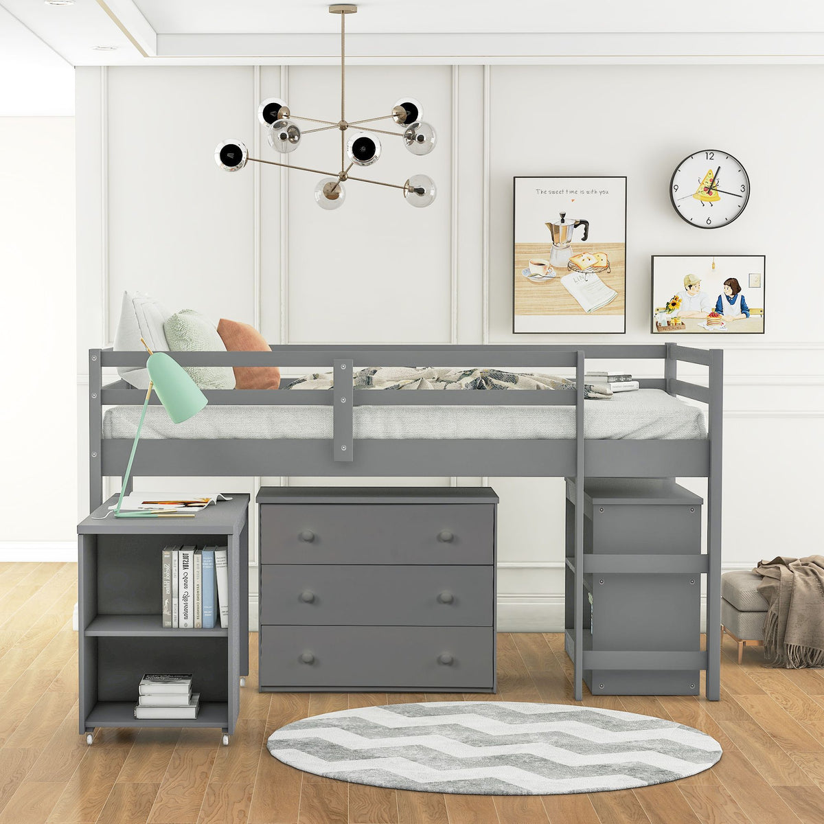 Low Twin Loft Bed with Rolling Desk and Cabinet