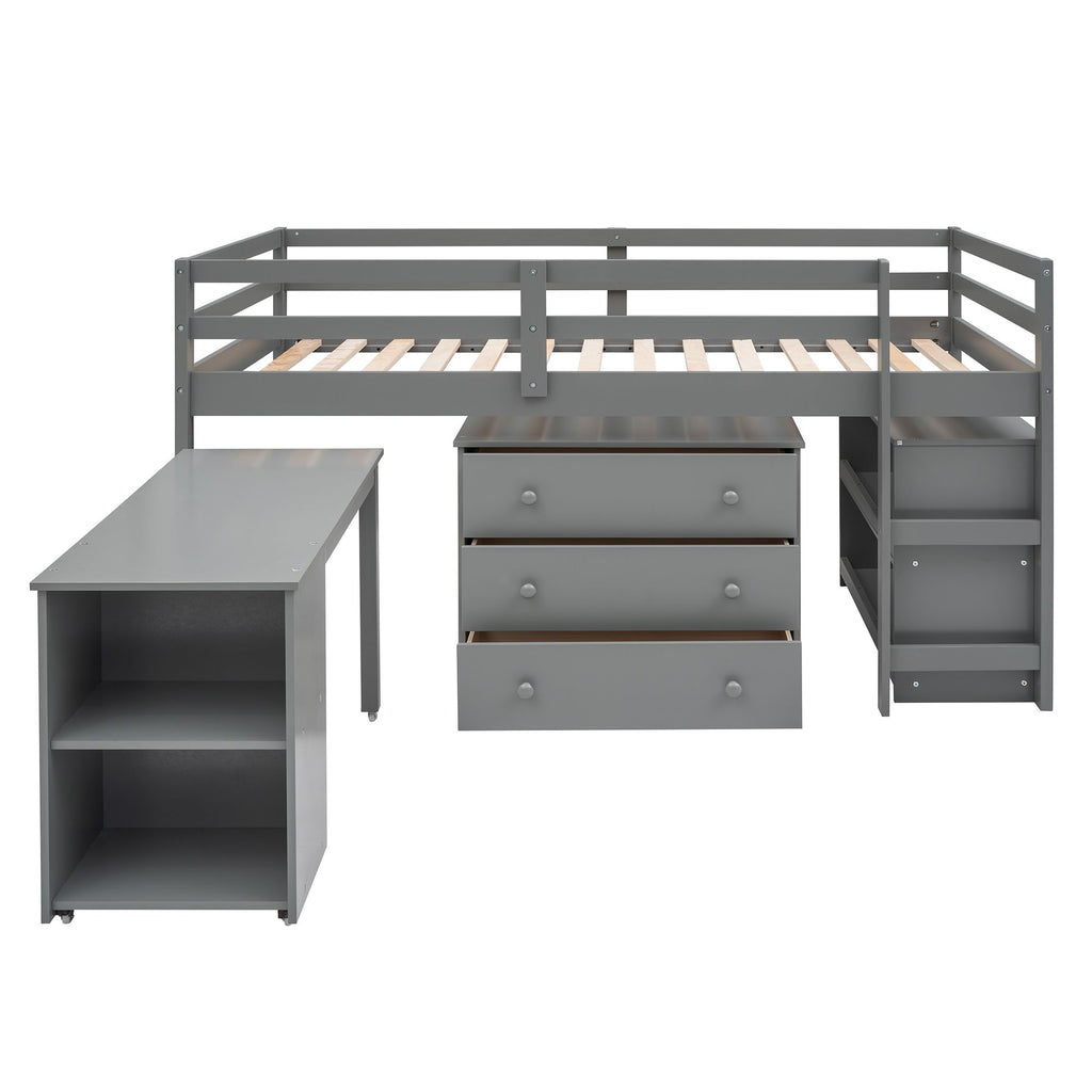 Low Twin Loft Bed with Rolling Desk and Cabinet